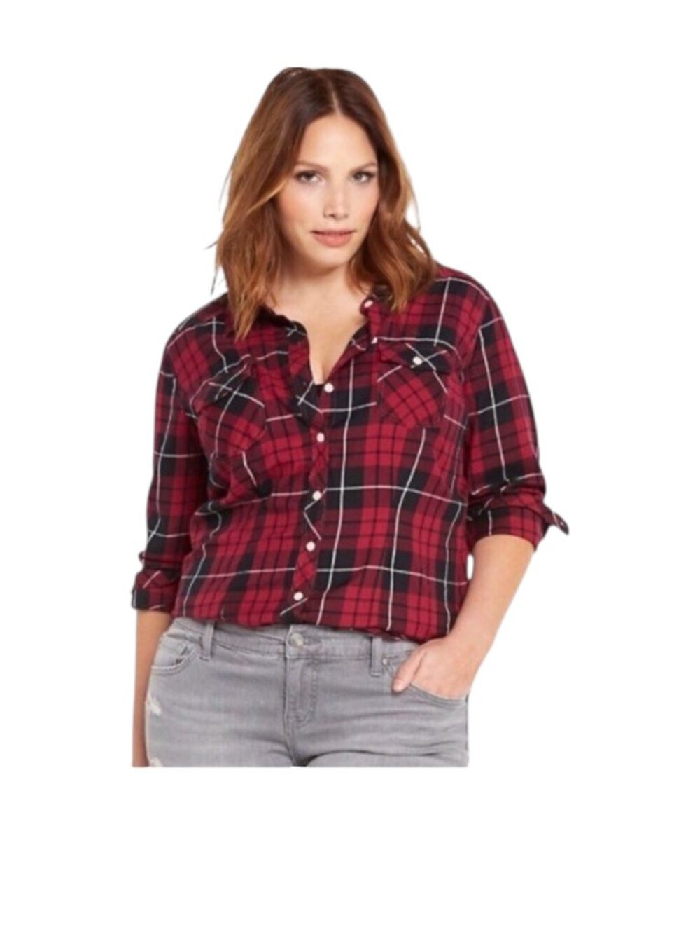 TORRID Red & Black Plaid Western 100% Cotton Button Up Shirt - Size 00